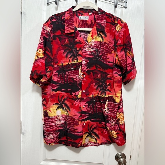 Hawaiian vacation button down Shirt mens L blouse red sunset Hawaii island beach - Picture 1 of 15